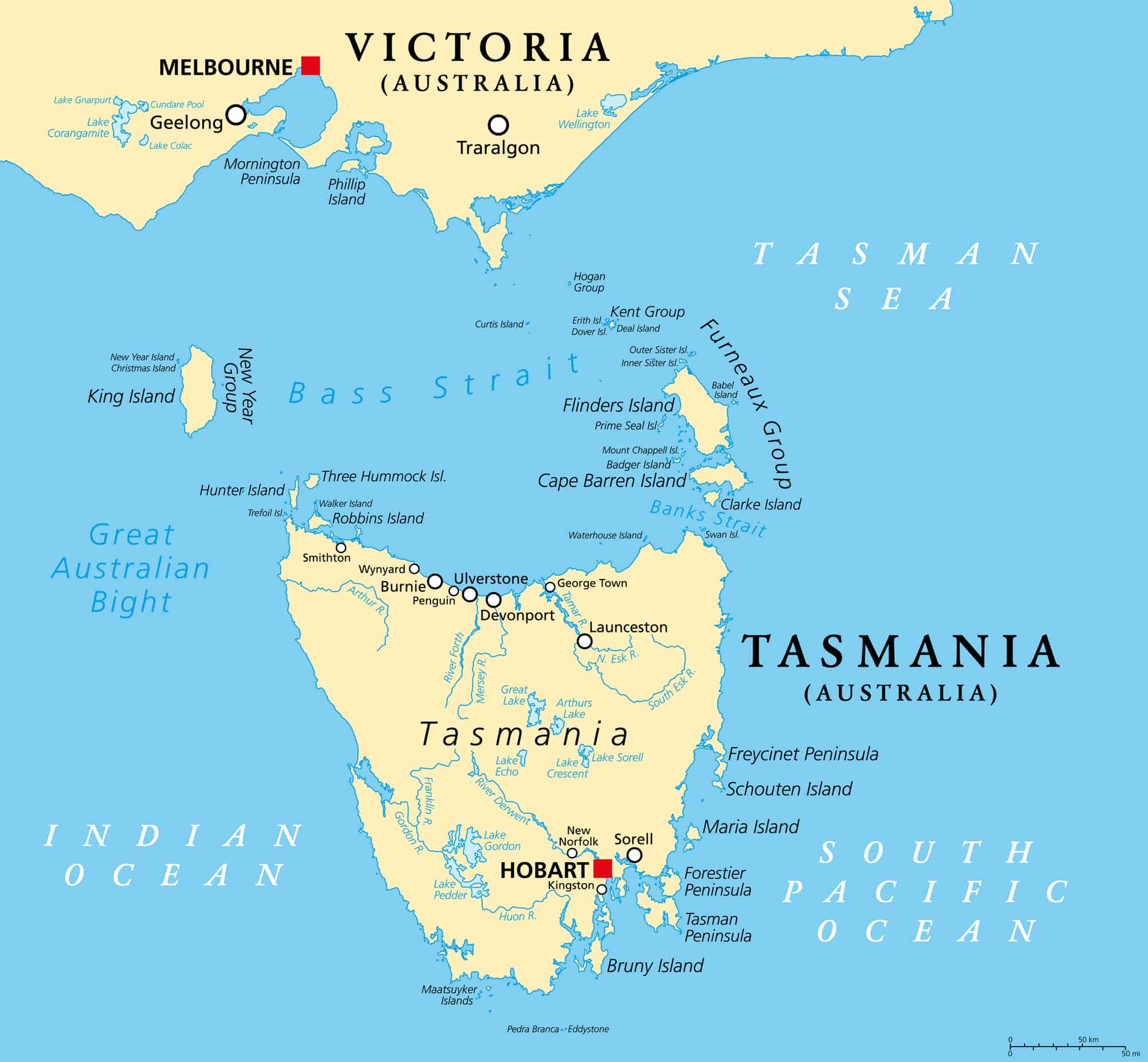 Tasmania and surrounding area political map